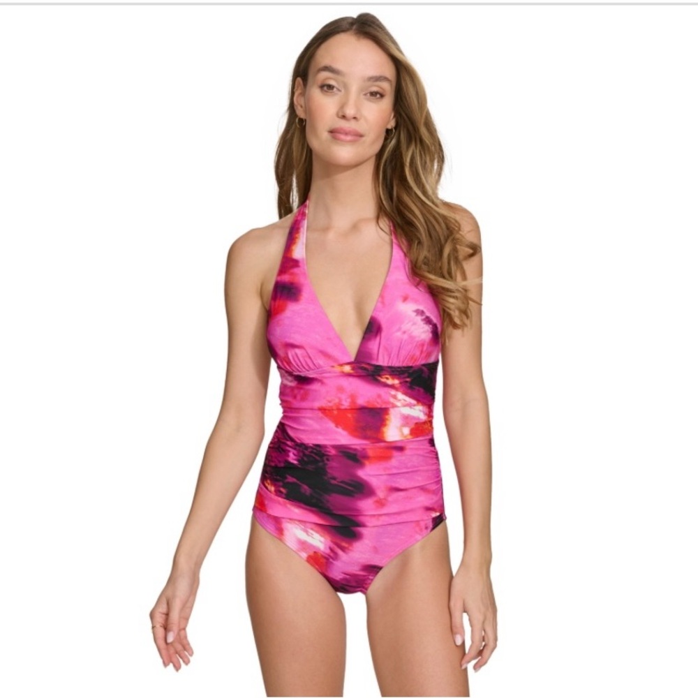 Dkny Pink and Black One Piece Halter Swimsuit